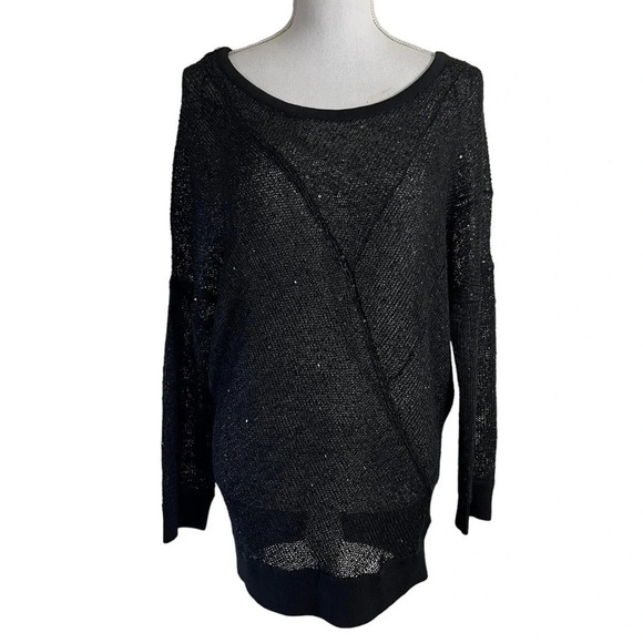 Guess Sheer Sequin Knit Black Sweater Size Medium Long Sleeves Pullover Neutral - Picture 1 of 10
